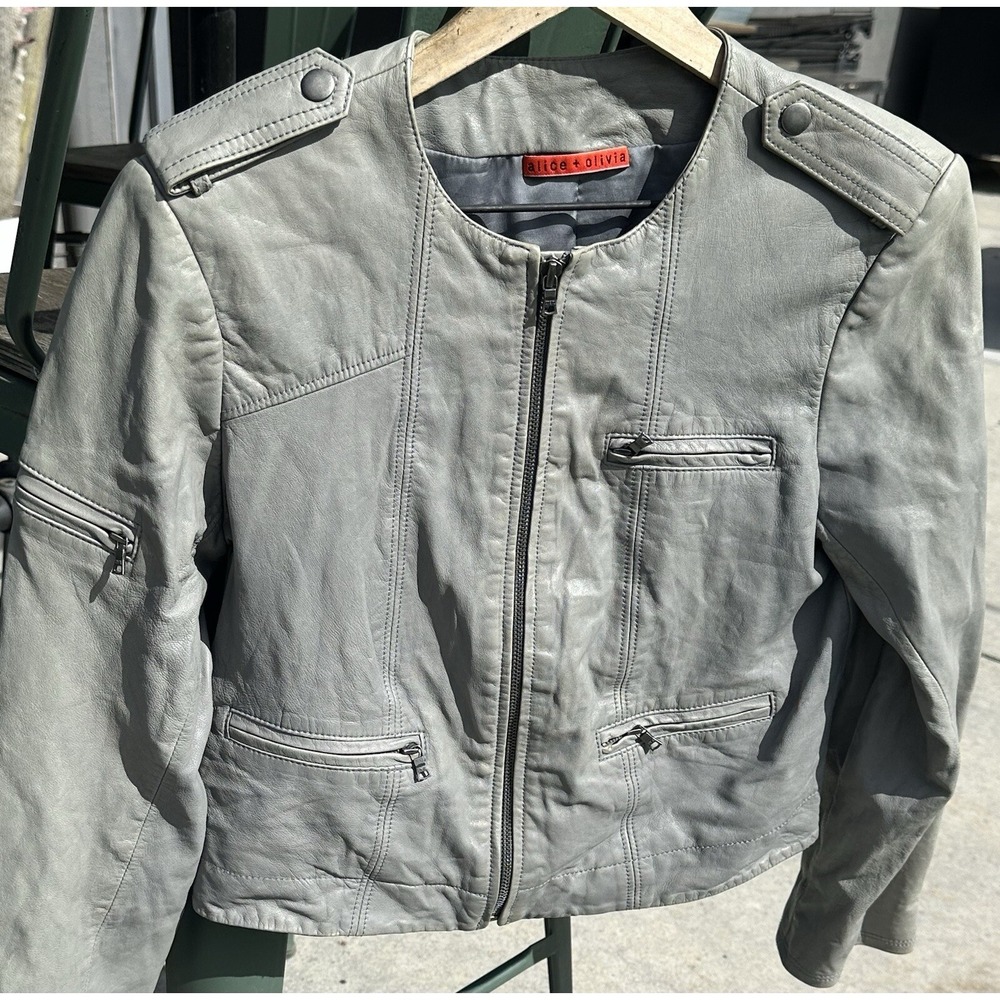 Alice + Olivia Lambskin Gray Leather Moto Biker Jacket Women's Size Small